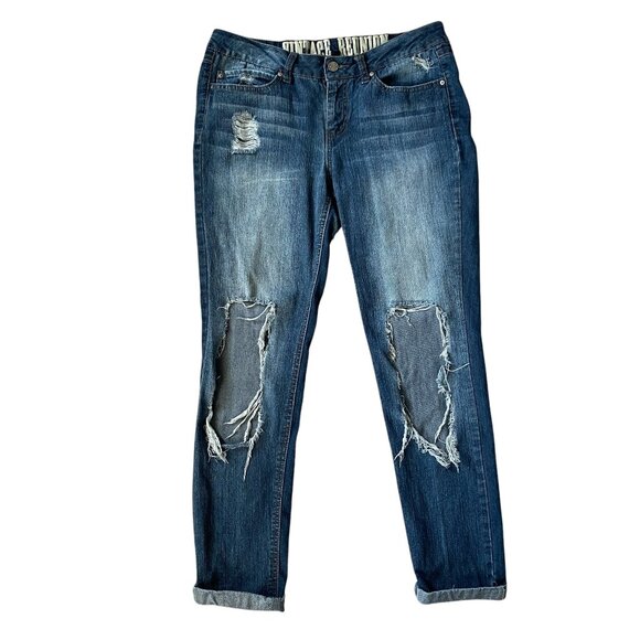 Vintage Reunion Rewash women's juniors 9 stretchy med wash ripped cuffed jeans - Picture 1 of 9